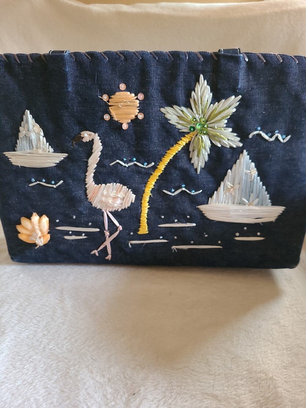VTG Timmy Woods Beverly Hills Denim Embroidered Tropical Flamingo Handbag Tote